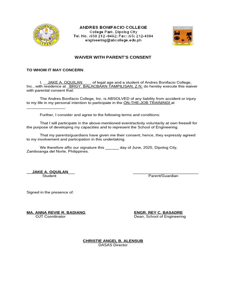 Parental Consent Waiver for OJT | PDF