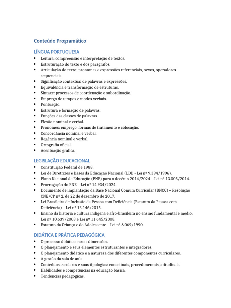 Conteúdo Programático de Educação Básica | PDF | Pedagogia | Aprendizado