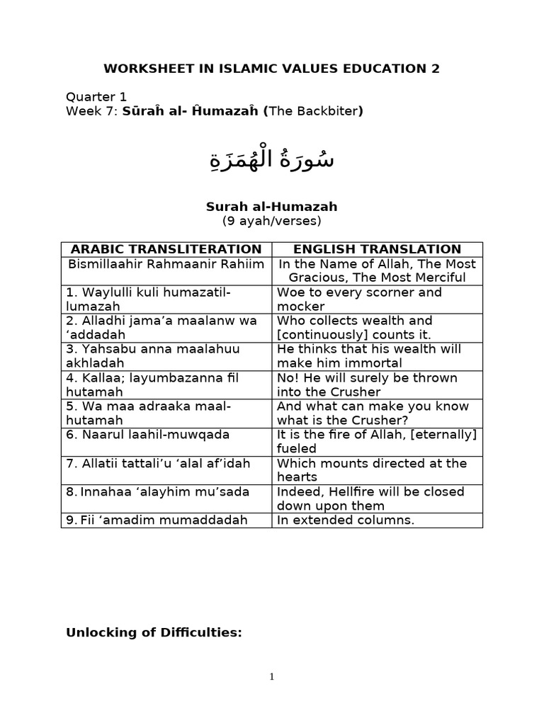 Surah Al-Humazah Worksheet | PDF | Chess Openings | Chess