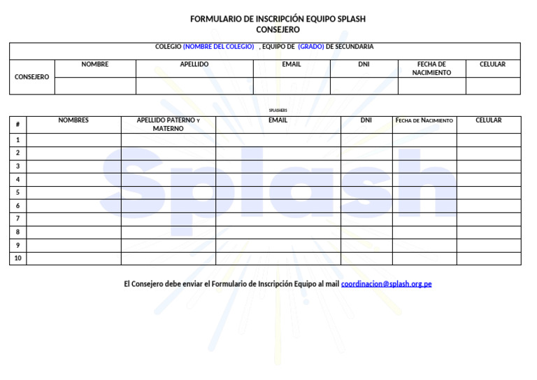 Formulario Equipo Splash (CONSEJERO) | PDF