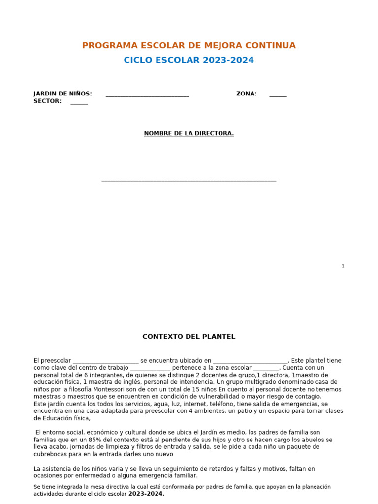 Programa de Mejora Continua Escolar 2023-2024 | PDF | Enseñando ...