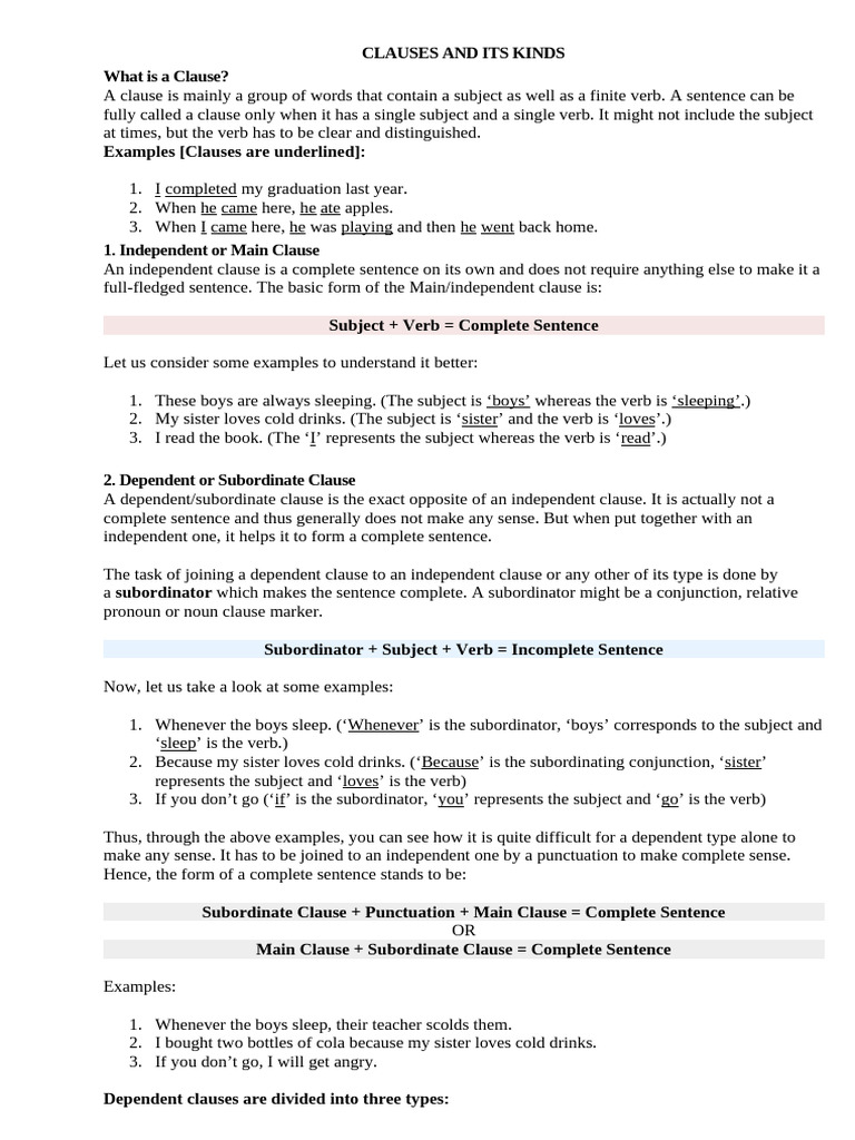 Understanding Clauses and Their Types | PDF | Subject (Grammar) | Clause