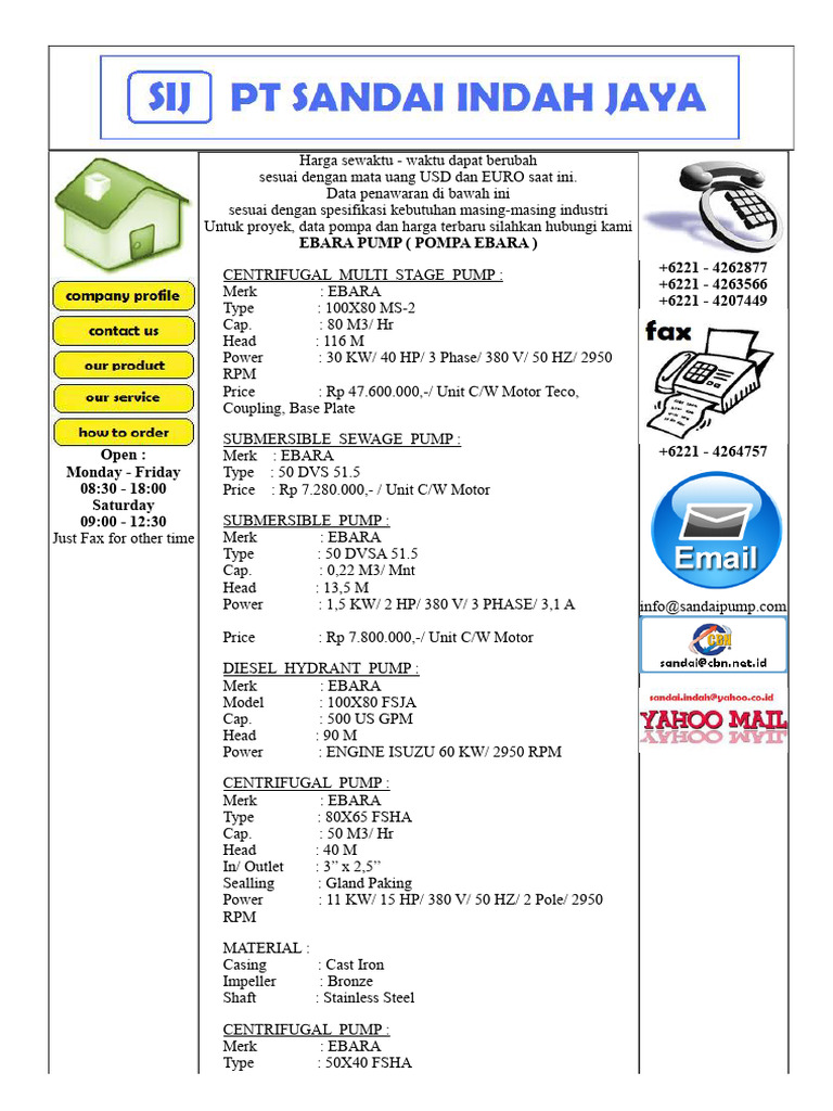 EBARA Pump Pricing and Specifications | PDF | Pump | Gases
