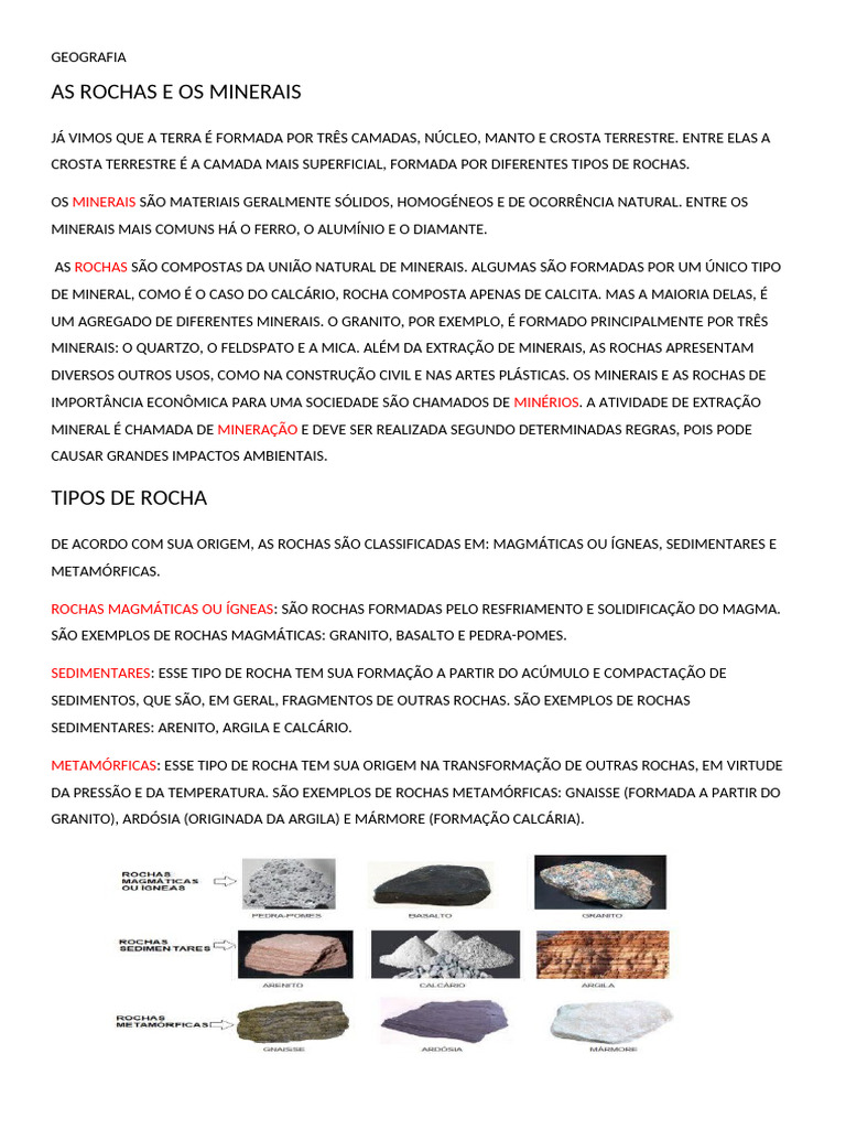 Rochas e Minerais: Tipos e Formação | PDF | Rochas (Geologia) | Rocha ...