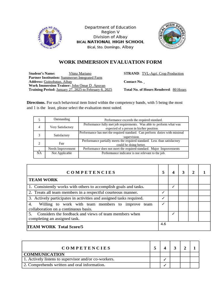 Work Immersion Evaluation Form Template | PDF | Judgment (Law ...