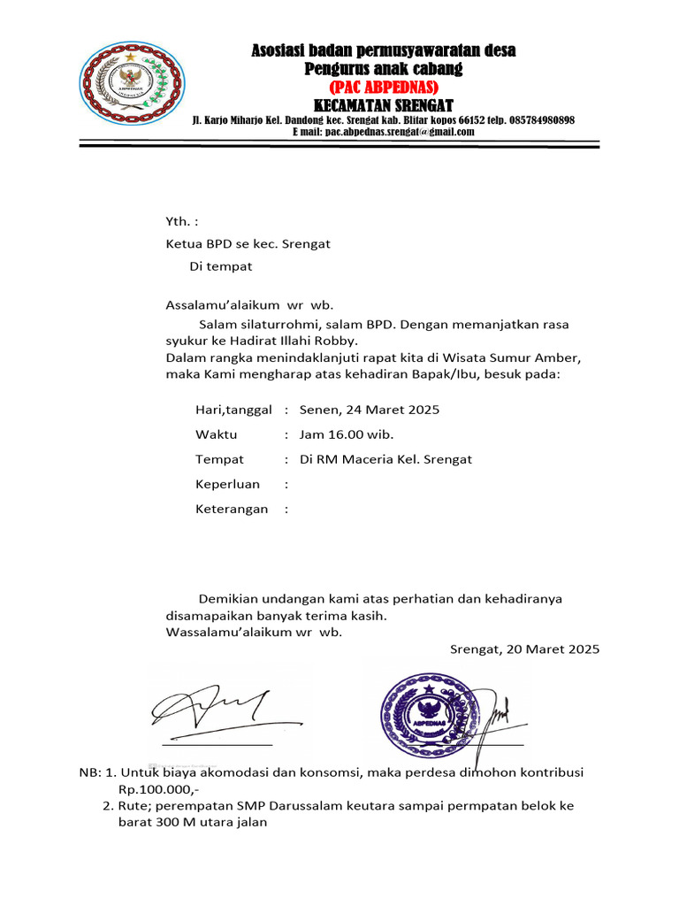 Undangan Raker BPD Srengat 2025 | PDF