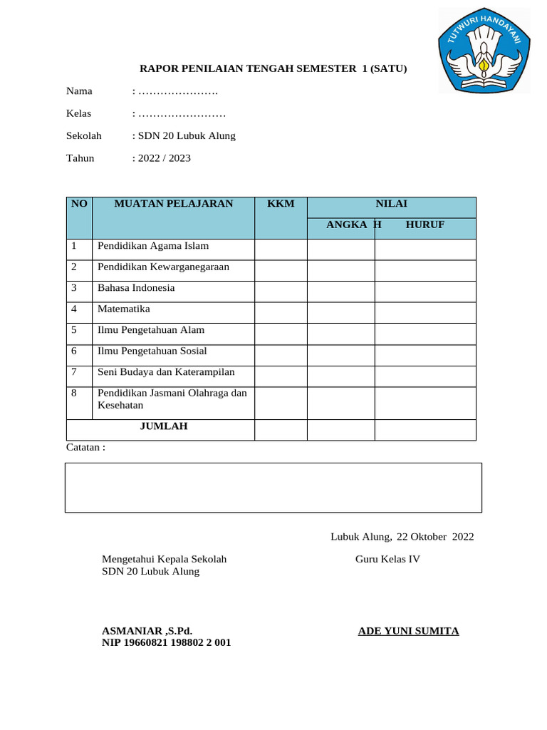 Contoh Rapor PTS | PDF