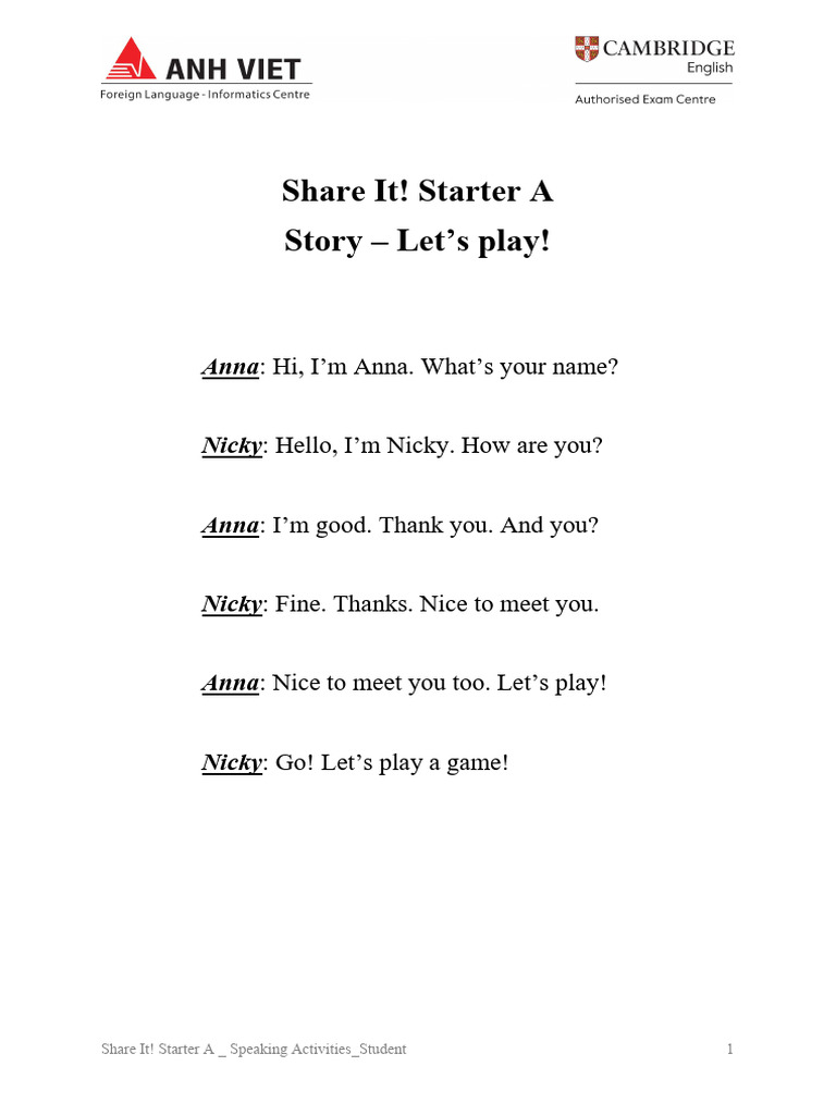 Share It! Starter A - SPEAKING ACTIVITIES - For Student | PDF