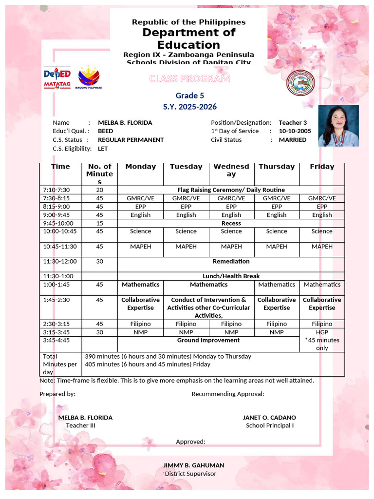 Grade 5 Class Program S.Y. 2025-2026 | PDF