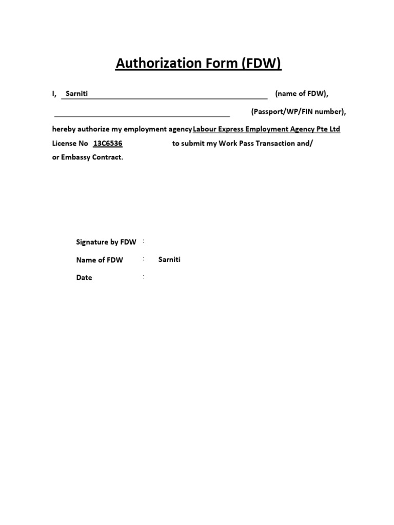 FDW Authorization Form Template | PDF