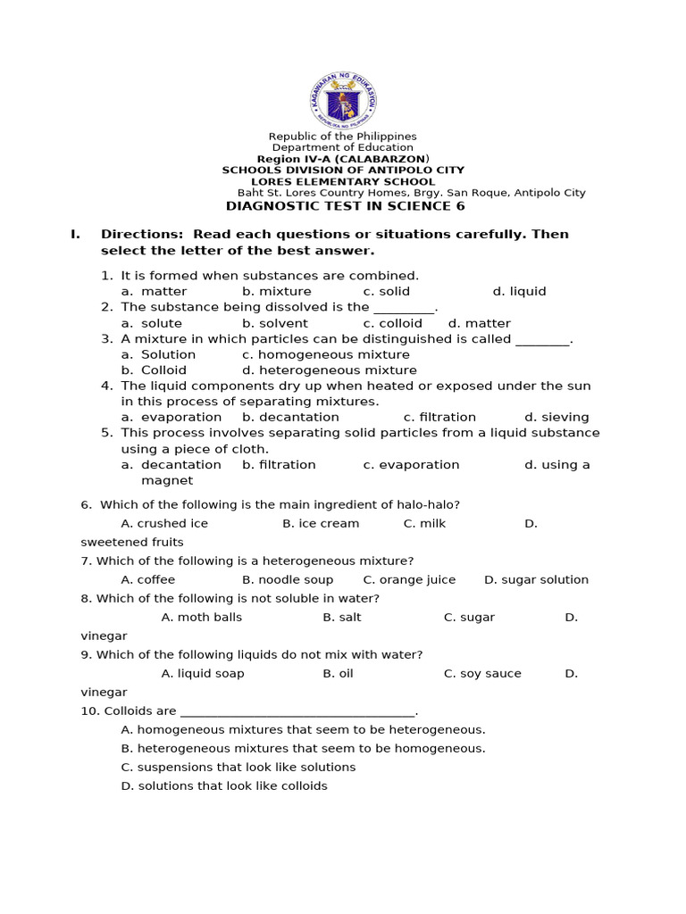 Science 6 Diagnostic Test Questions | PDF | Mixture | Volcano