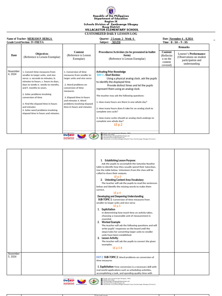 Grade 4 Math Lesson Plan: Time Conversion | PDF | Teachers | Learning