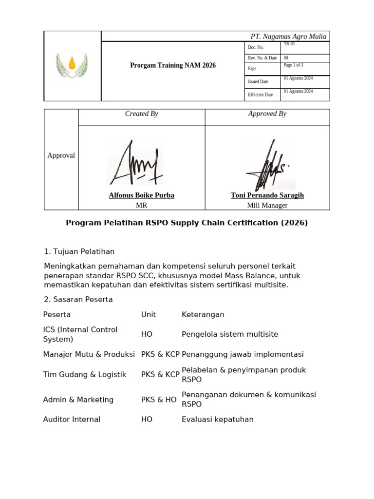 Pelatihan RSPO untuk Nagamas Agro Mulia | PDF