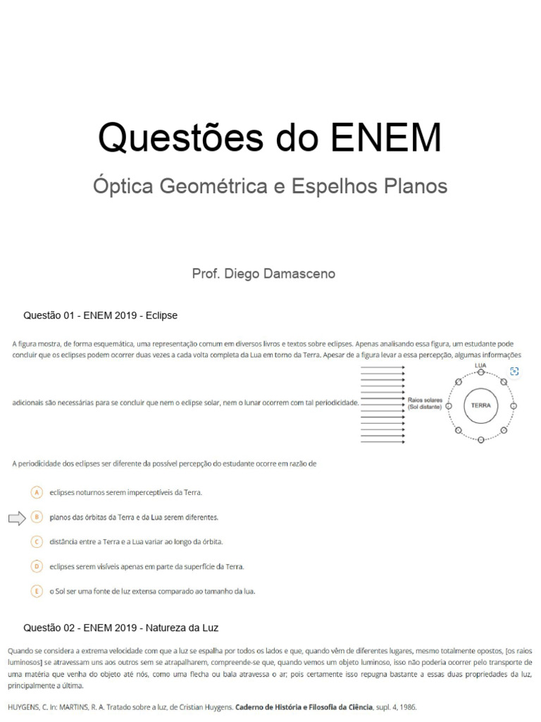 Questões ENEM: Óptica e Luz | PDF | Luz | Cor