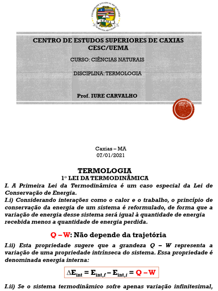 Primeira Lei da Termodinâmica | PDF | Termodinâmica | Calor