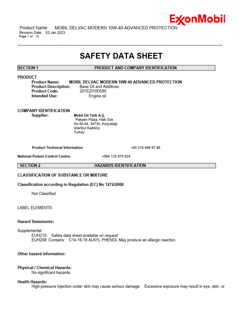 Mobil Delvac Modern 10W-40 Safety Data | PDF | Personal Protective ...