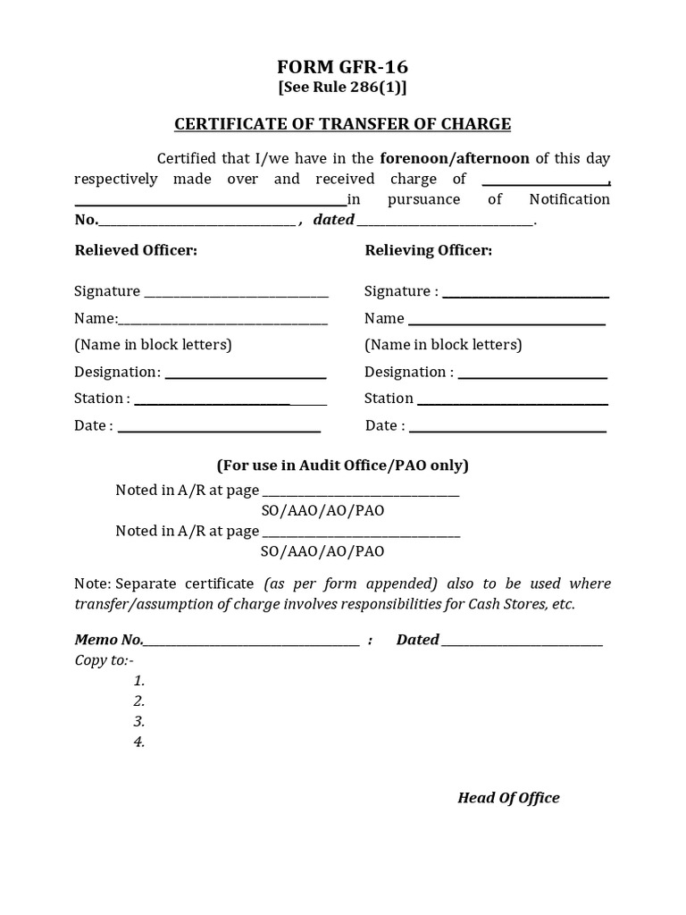 Certificate of Transfer of Charge Form | PDF