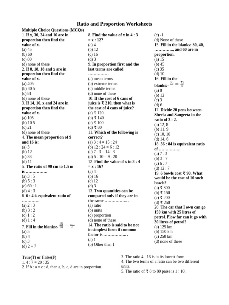 Ratio and Proportion Worksheet MCQs | PDF | Ratio | Length