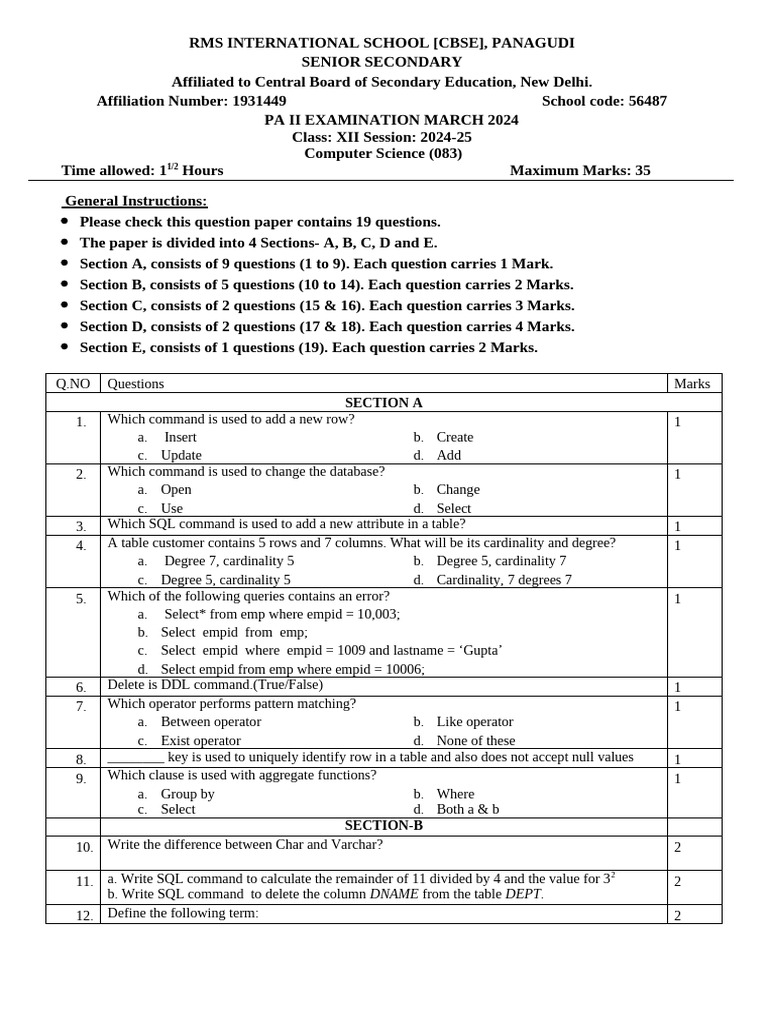 Computer Science Exam Paper 2024 | PDF | Data Management Software ...