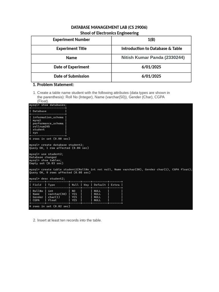 Database Management Lab: Student Table Tasks | PDF