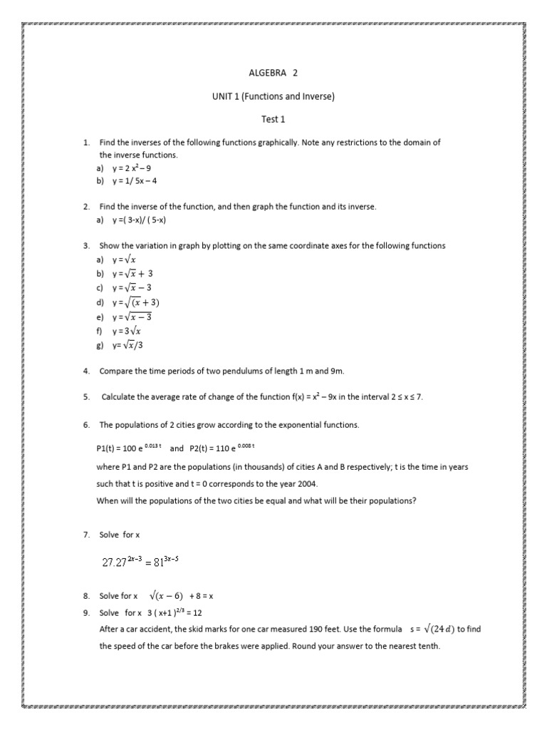 Algebra 2 Unit 1 Test: Functions | PDF