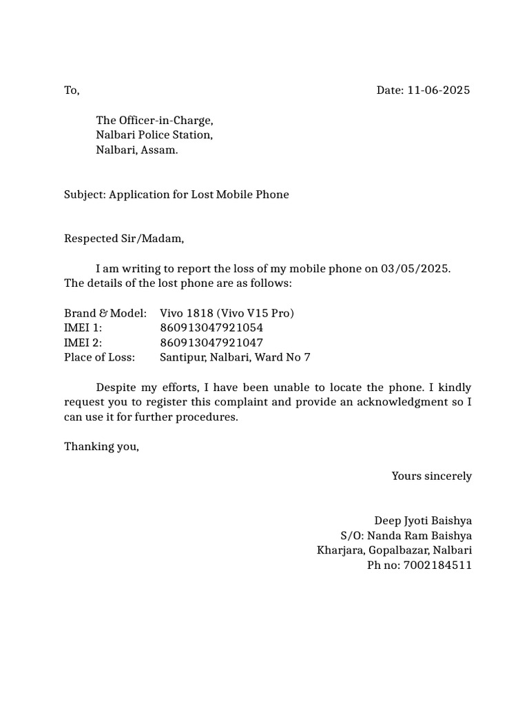 Application for Lost Mobile Phone | PDF