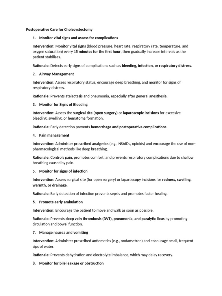 Cholecystectomy Postoperative Care Guide | PDF | Surgery | Medical ...