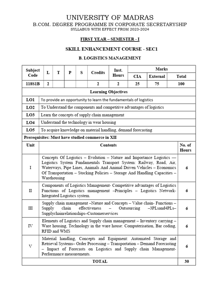 Logistics Management Syllabus 2023-24 | PDF | Logistics | Supply Chain ...