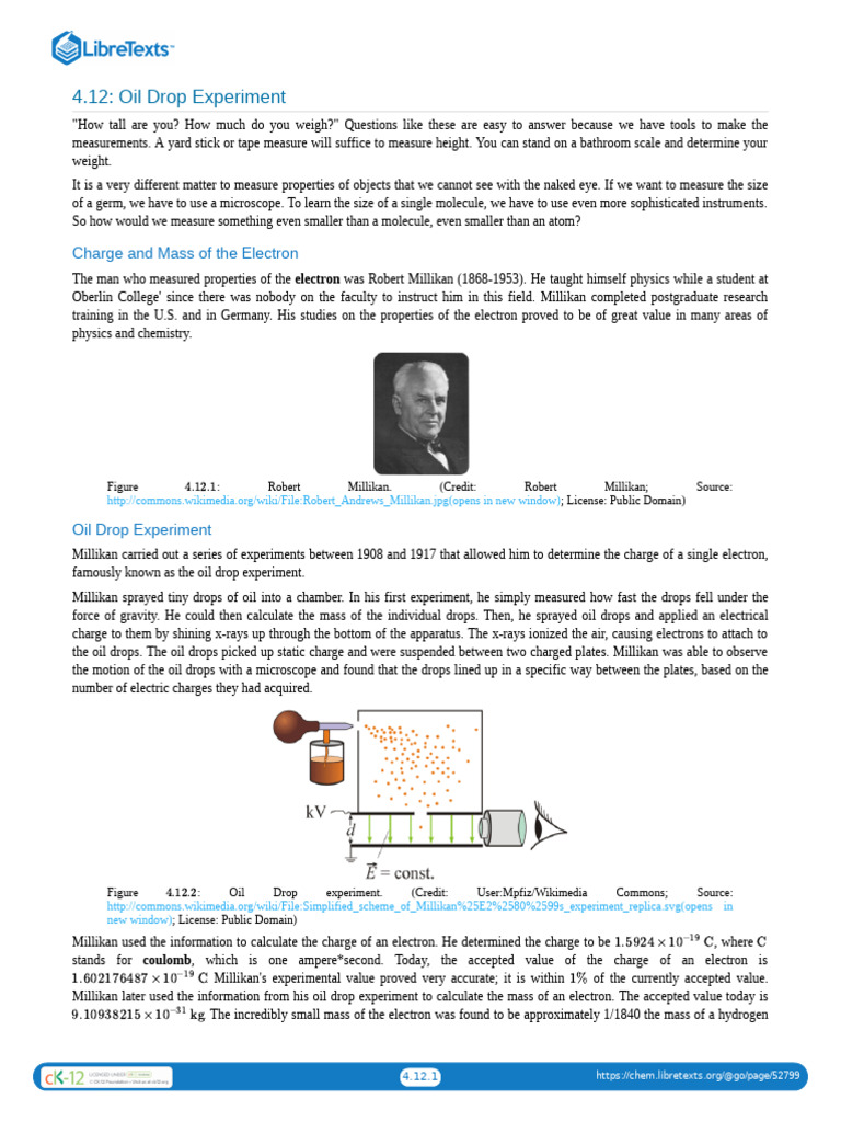 Millikan's Oil Drop Experiment Summary | PDF | Electron | Physical ...