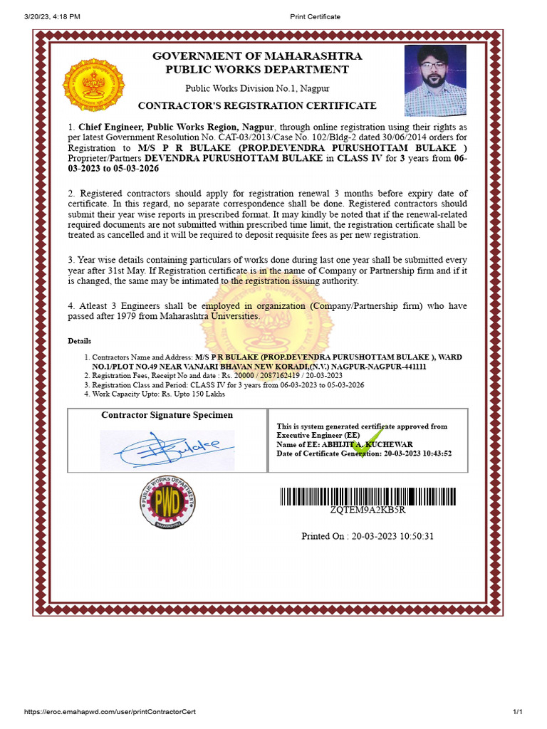 Contractor Registration Certificate 2023 | PDF