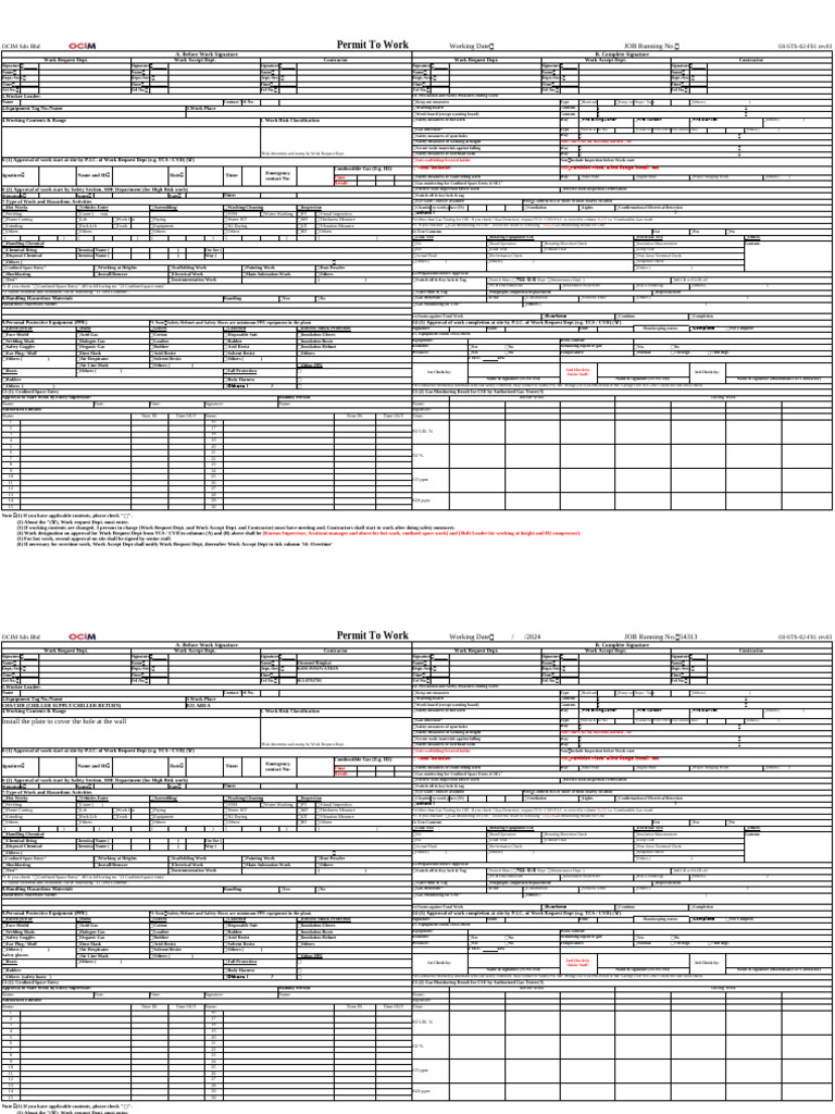 OCIM Sdn Bhd Permit to Work Document | PDF | Personal Protective ...