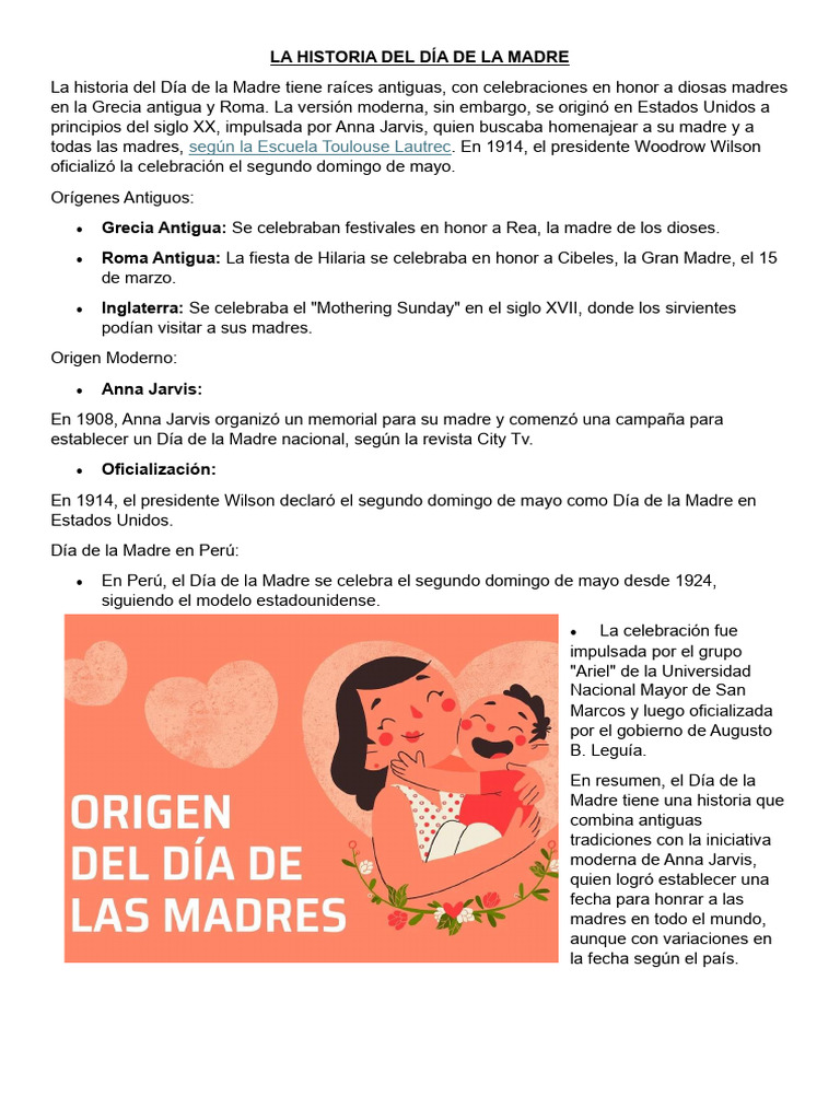 Historia del Día de la Madre: Orígenes y Celebración | PDF | Observancias de mayo | Observancias