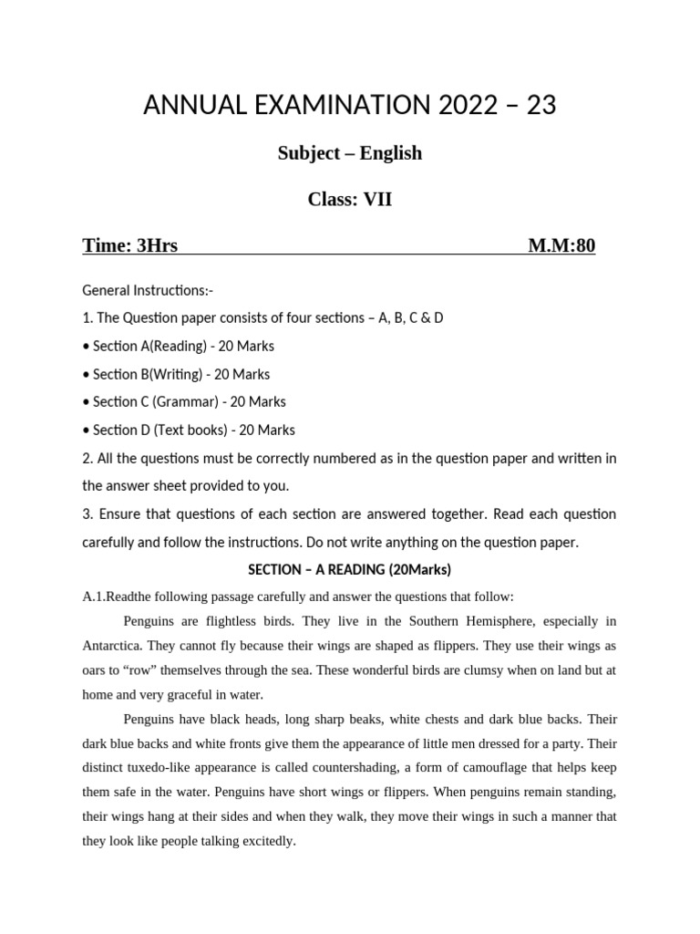 7 - English (1) Question Paper | PDF | Penguin | Sentence (Linguistics)