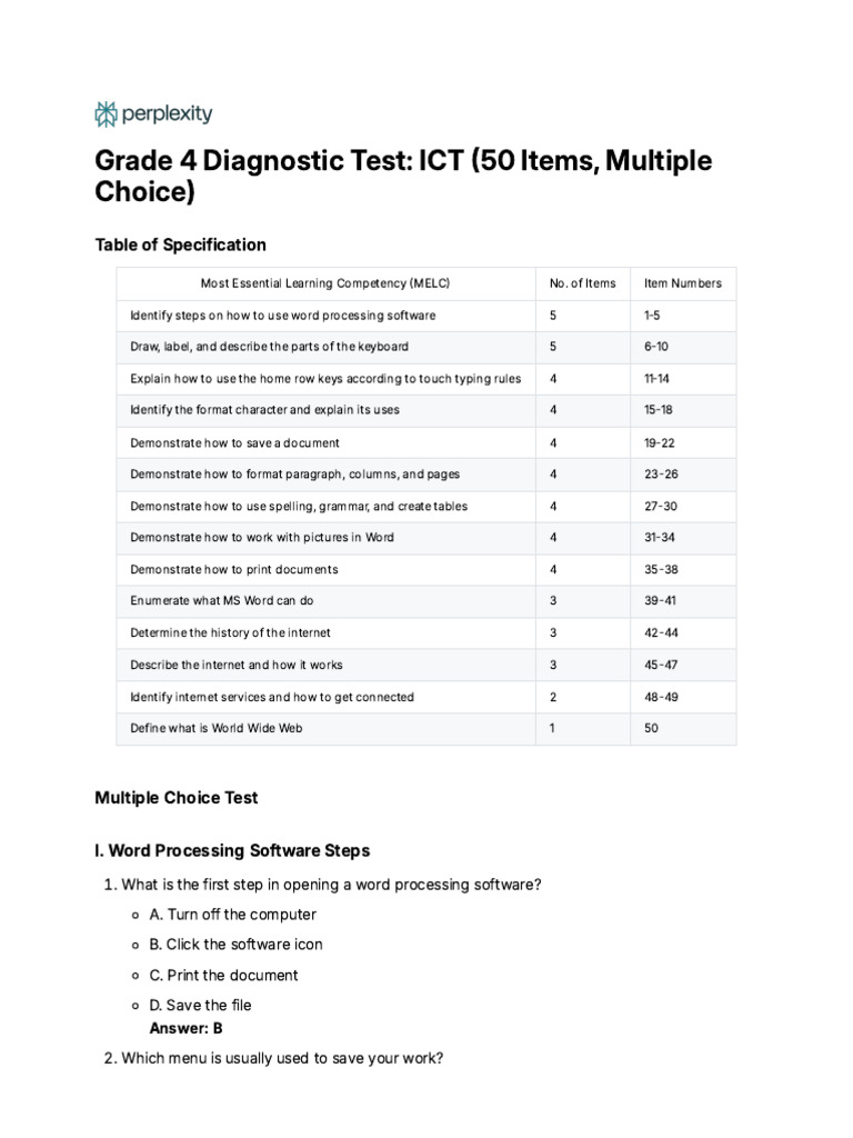 Grade 4 ICT Diagnostic Test Guide | PDF | Computer Keyboard | Microsoft ...