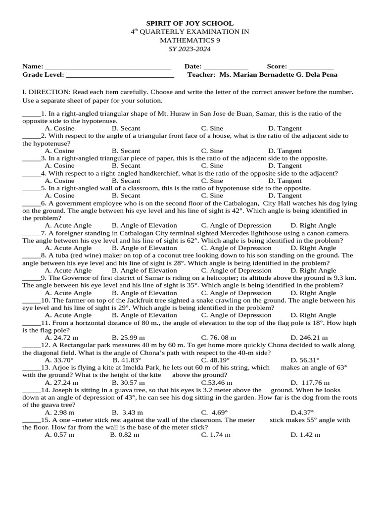 Q4 Mathematics Test Questionnaire | PDF | Trigonometric Functions | Water