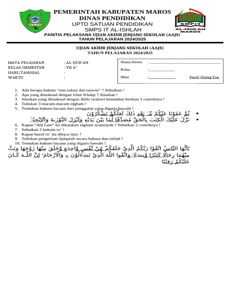 Soal Al-Qur'an Kelas VII (2) | PDF