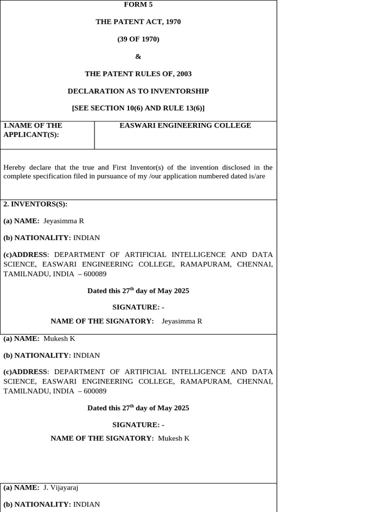 Declaration of Inventorship - Form 5 | PDF