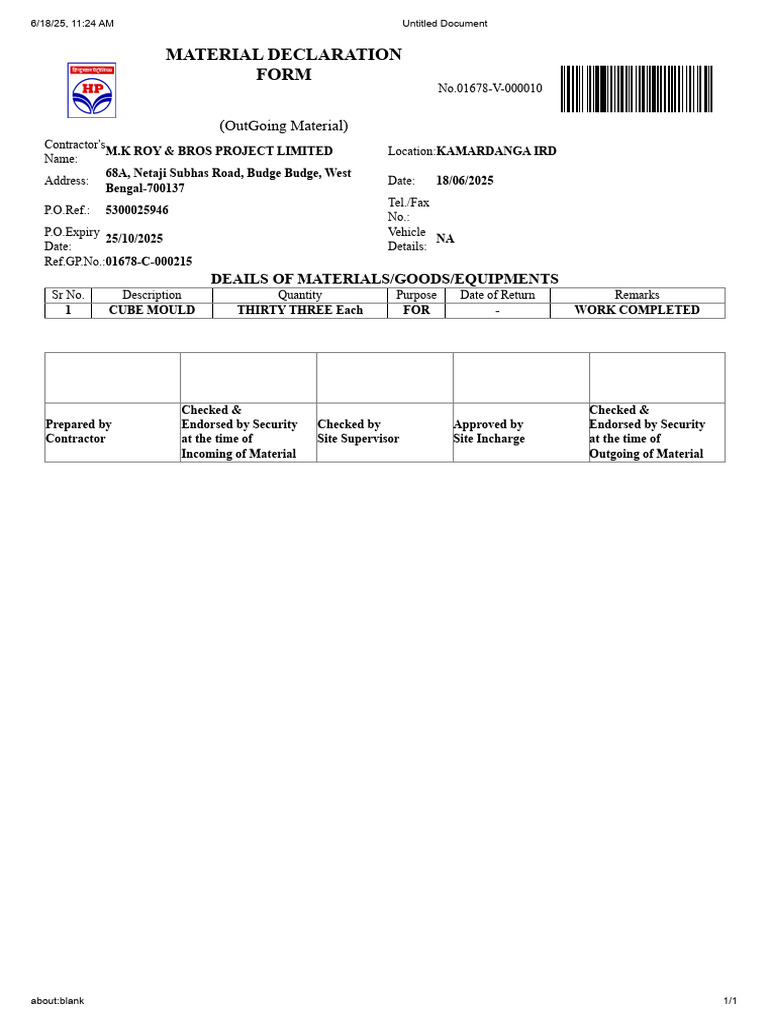 Outgoing Material Declaration Form | PDF