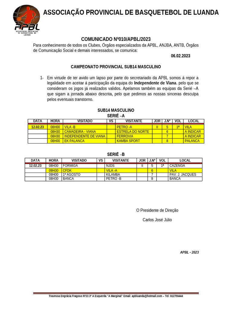 Comunicado Campeonato Sub14 Masculino APBL | PDF