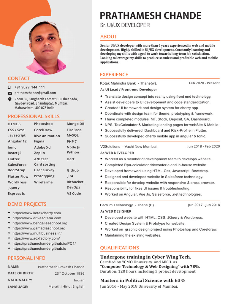 Senior UI/UX Developer Profile | PDF | Java Script | Web Design