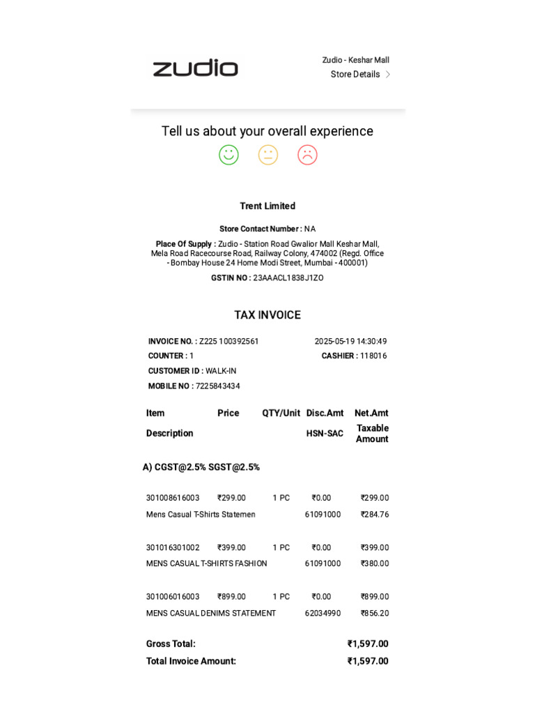 Zudio Keshar Mall Invoice Details | PDF | Government Finances | Taxes