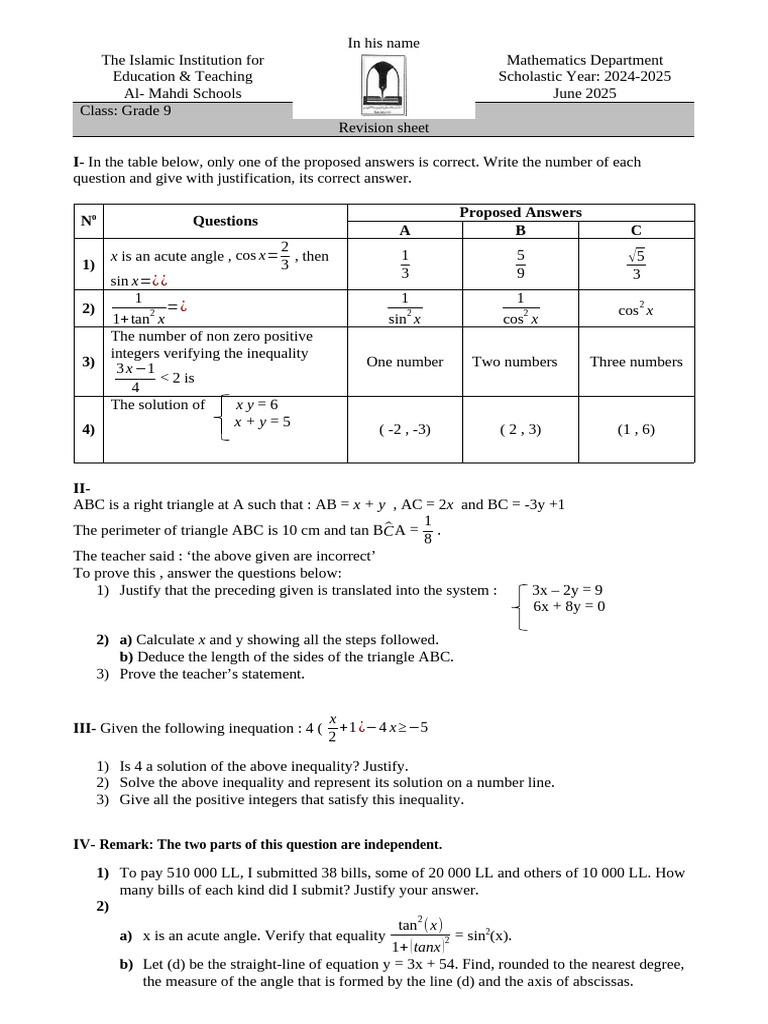 Grade 9 Math Revision Sheet 2024-2025 | PDF | Mathematics