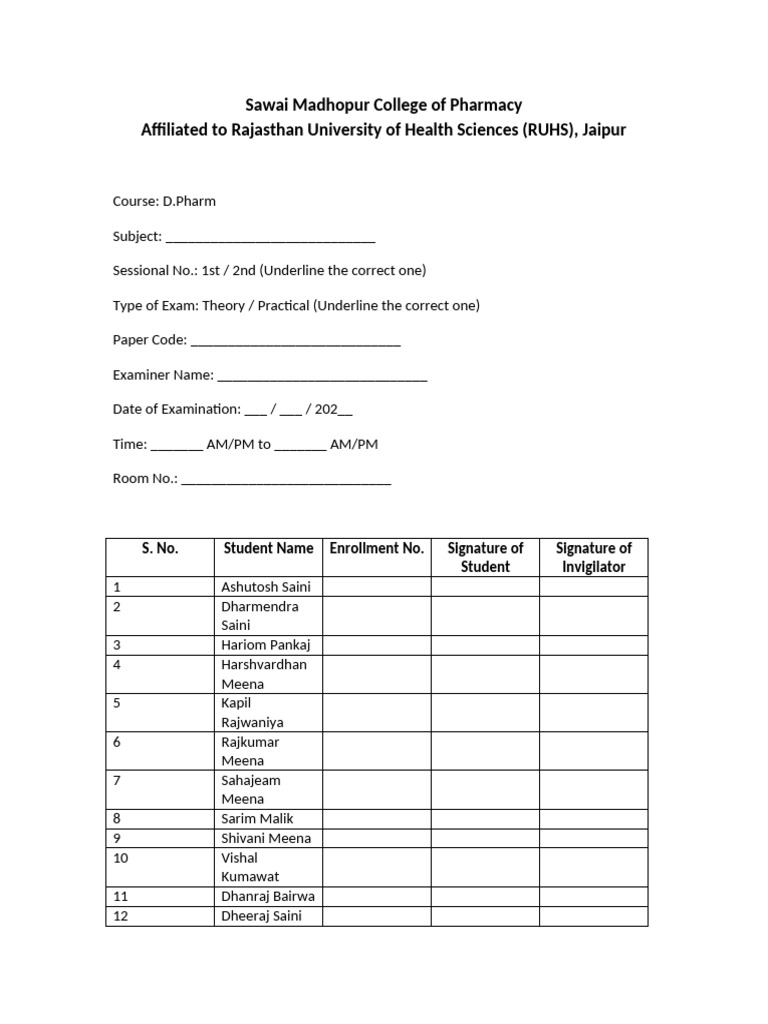 Sessional Examination Attendance Sheet | PDF