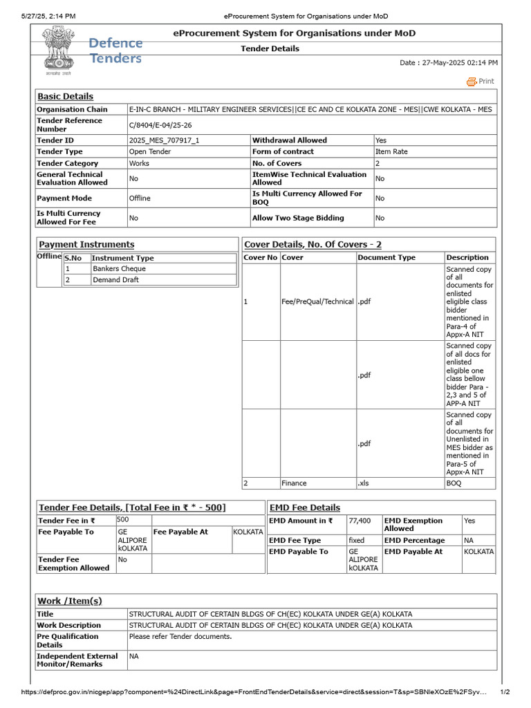 MES E-Procurement Tender Details | PDF | Money | Payments