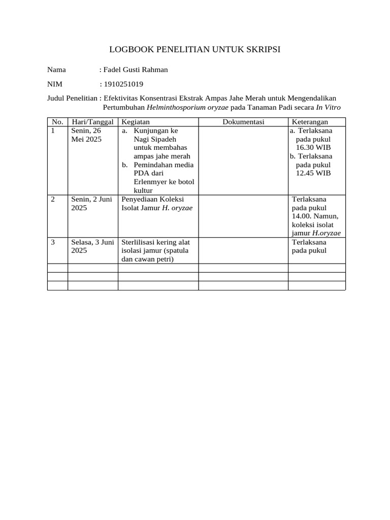 Logbook Penelitian Skripsi Fadel Rahman | PDF