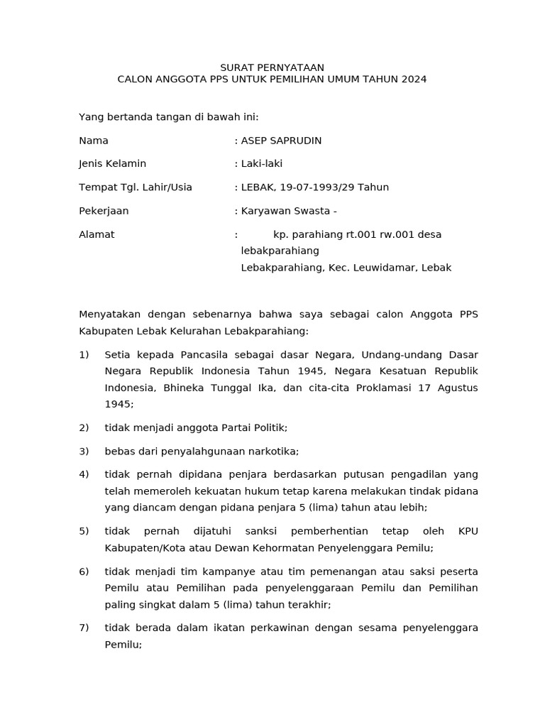 Surat Pernyataan Calon Anggota PPS 2024 | PDF