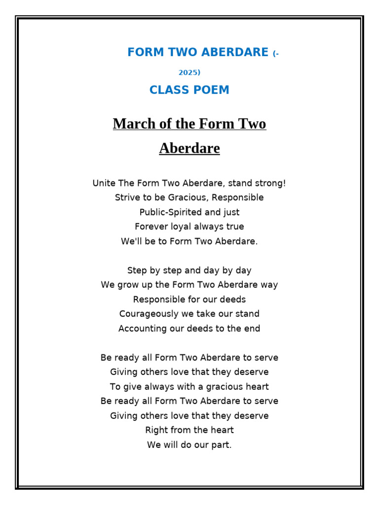 Form Two Aberdare Class Poem 2025 | PDF