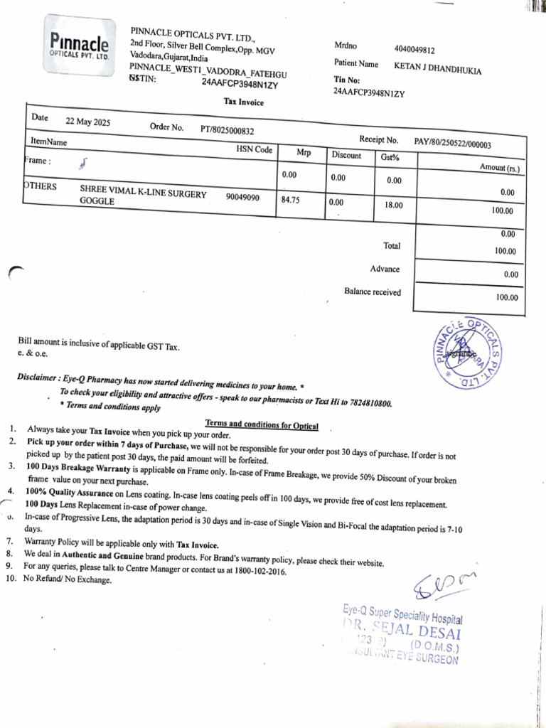 Tax Invoice for Optical and Pharmacy Items | PDF | Pharmacy | Pharmacology