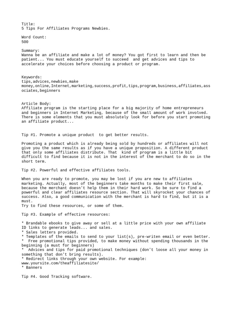 5 Tips For Affiliates Programs Newbies. | PDF | Affiliate Marketing ...