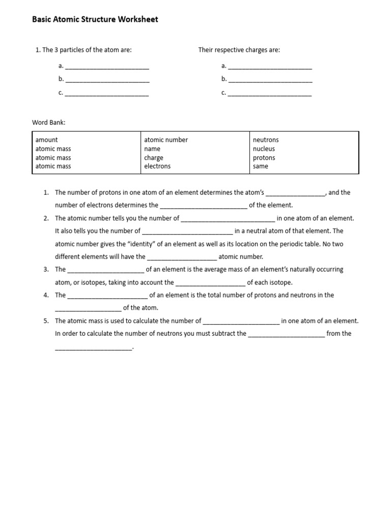 Basic Atomic Structure Worksheet | PDF | Atoms | Chemical Elements